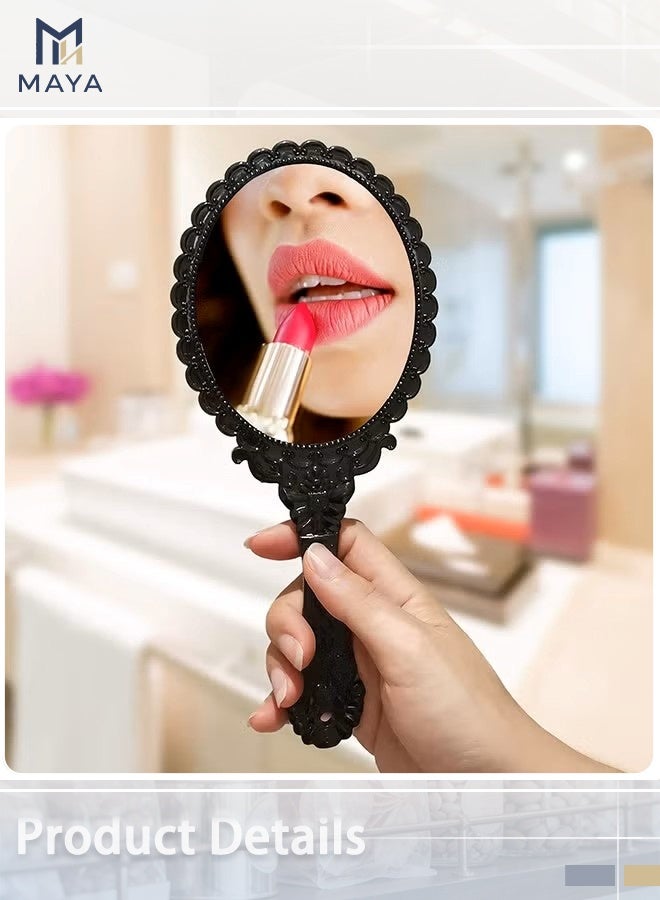 مايا مرآة يدوية بمقبض، مرايا يدوية صغيرة للسفر للنساء، مرايا حقائب يد عتيقة (أسود) - Image 3